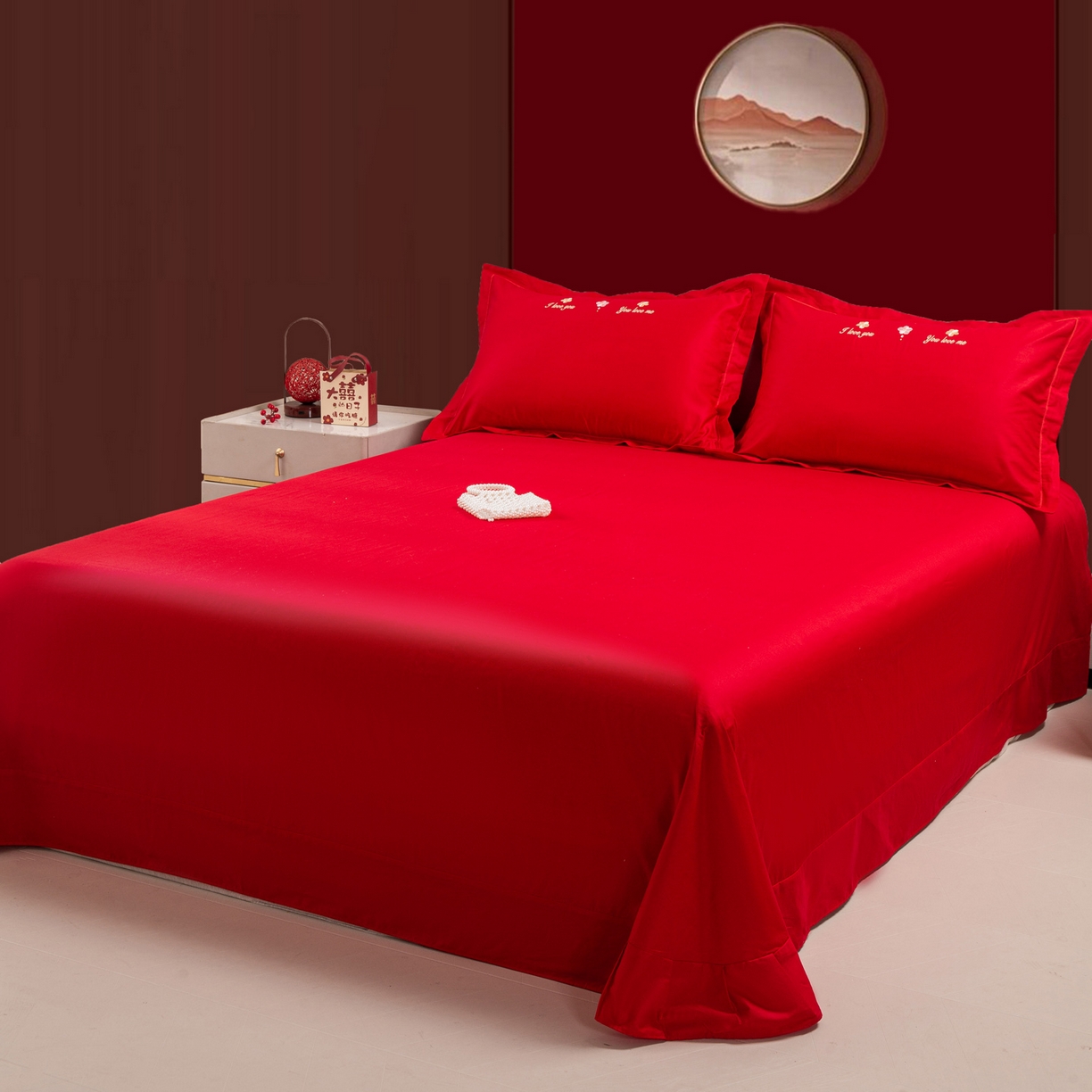 91家纺网 家纺一手货源 找家纺 银石 2026新款婚庆全棉刺绣四件套 喜上眉梢