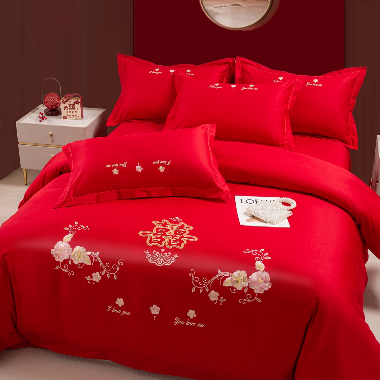 91家纺网 家纺一手货源 找家纺 银石 2025新款长绒棉婚庆绣花四件套 喜上眉梢