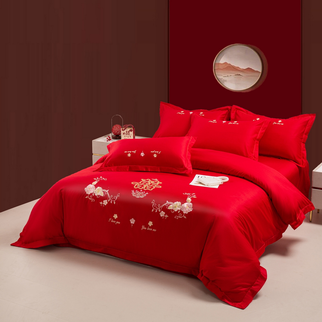 91家纺网 家纺一手货源 找家纺 银石 2025新款长绒棉婚庆绣花四件套 喜上眉梢