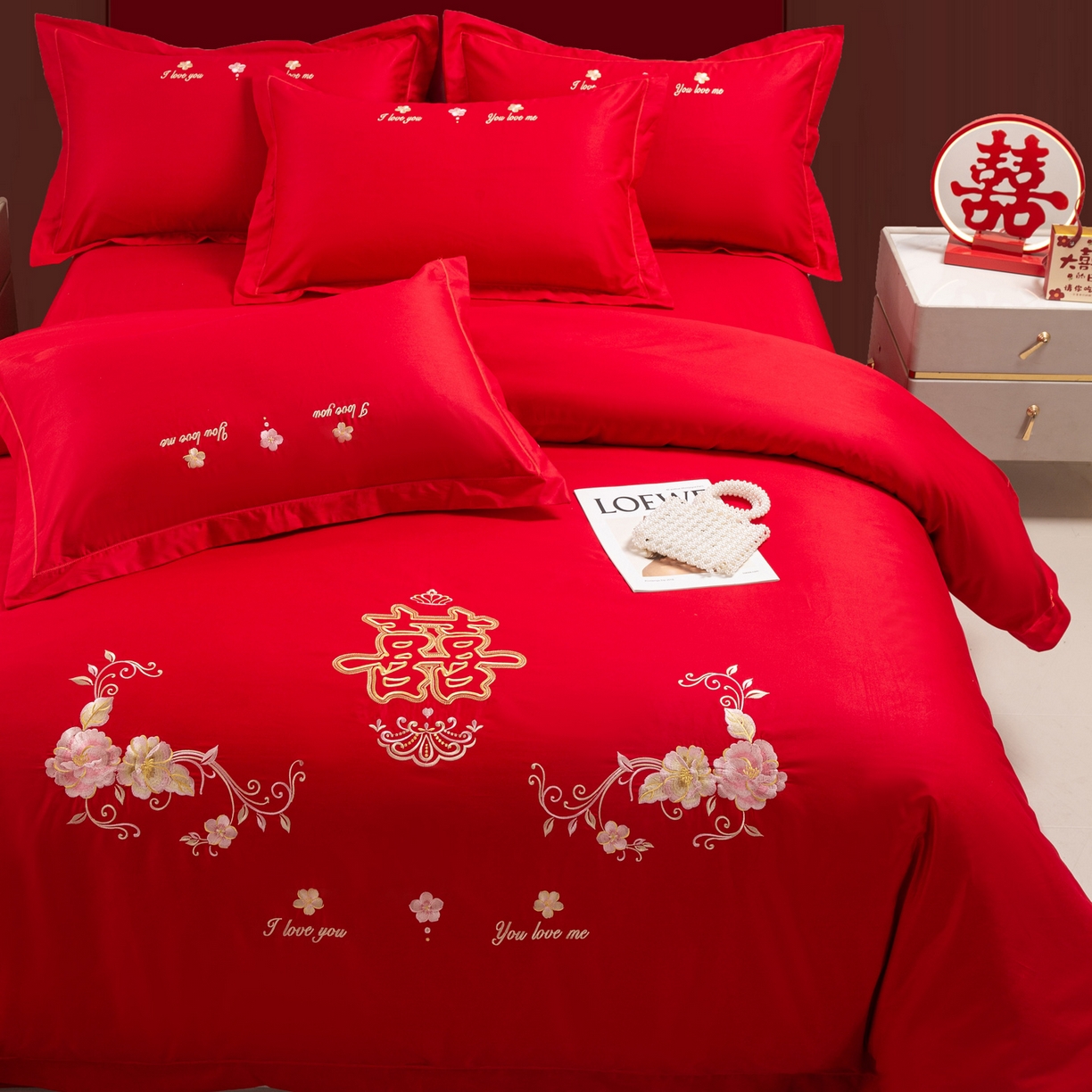 91家纺网 家纺一手货源 找家纺 银石 2025新款长绒棉婚庆绣花四件套 喜上眉梢