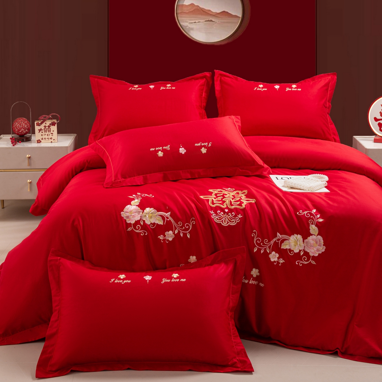 91家纺网 家纺一手货源 找家纺 银石 2025新款长绒棉婚庆绣花四件套 喜上眉梢