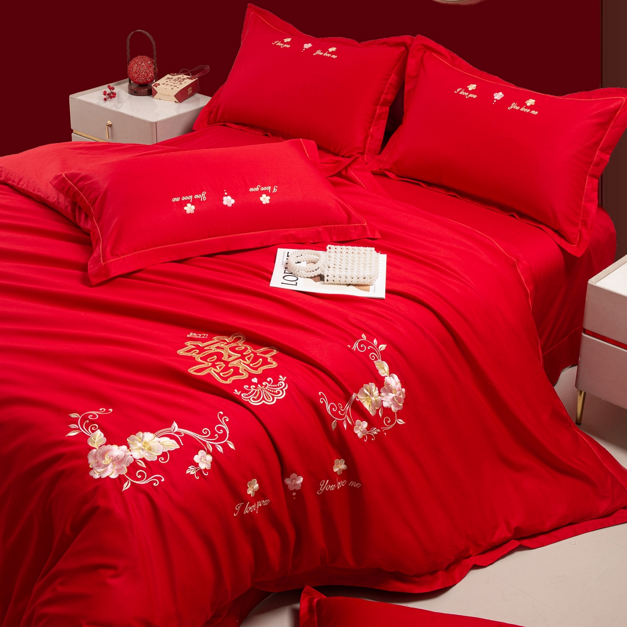 91家纺网 家纺一手货源 找家纺 银石 2025新款长绒棉婚庆绣花四件套 喜上眉梢