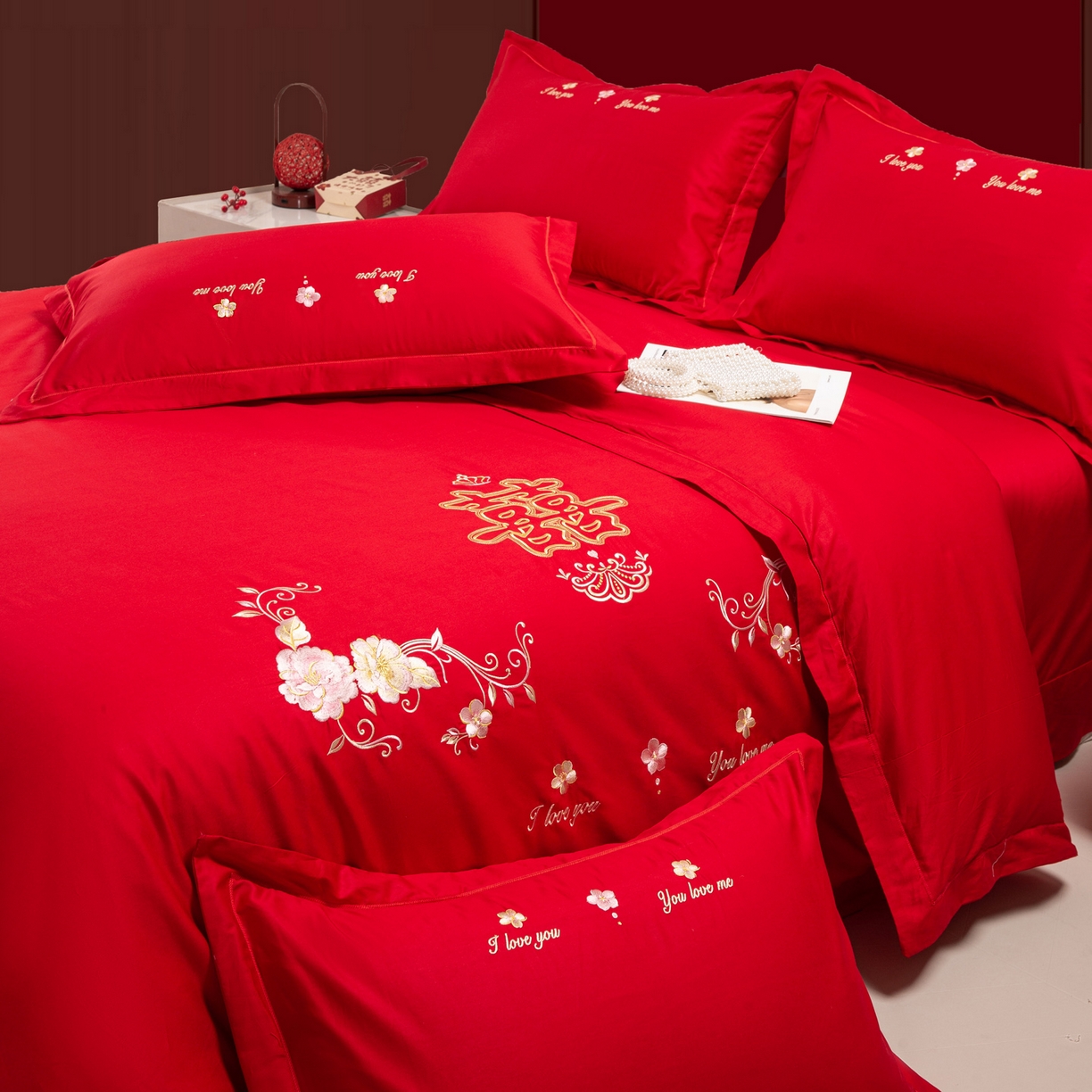 91家纺网 家纺一手货源 找家纺 银石 2025新款长绒棉婚庆绣花四件套 喜上眉梢