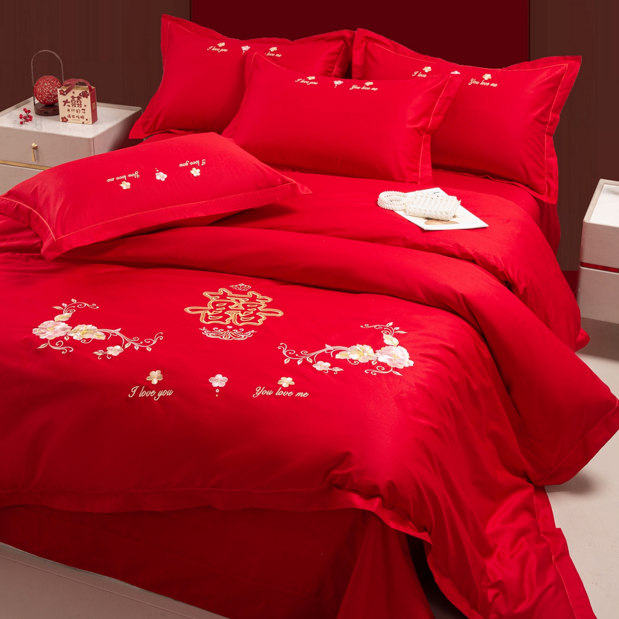 91家纺网 家纺一手货源 找家纺 银石 2025新款长绒棉婚庆绣花四件套 喜上眉梢