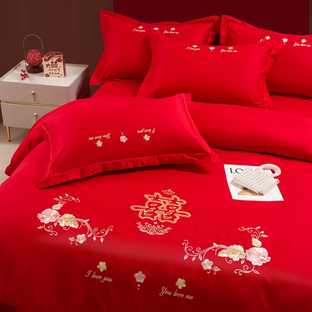 91家纺网 家纺一手货源 找家纺 银石 2025新款长绒棉婚庆绣花四件套 喜上眉梢