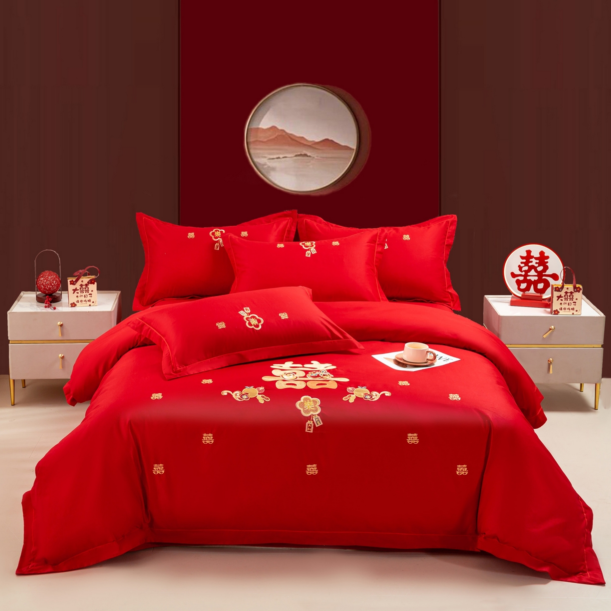 银石 2025新款长绒棉婚庆绣花四件套 喜事连连