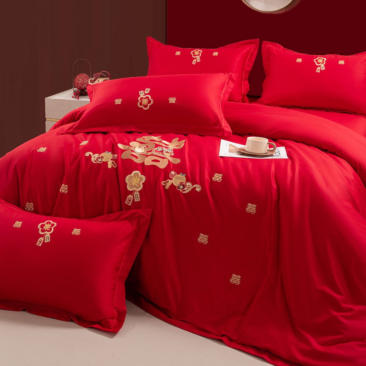 91家纺网 家纺一手货源 找家纺 银石 2025新款长绒棉婚庆绣花四件套 喜事连连