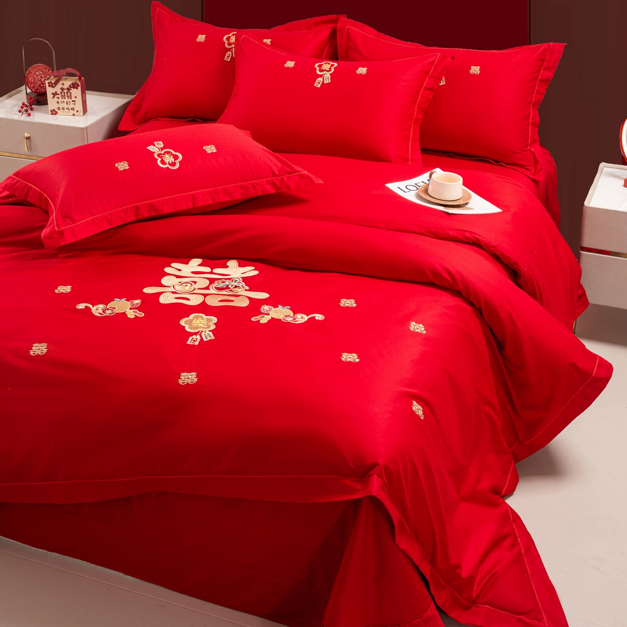 91家纺网 家纺一手货源 找家纺 银石 2025新款长绒棉婚庆绣花四件套 喜事连连