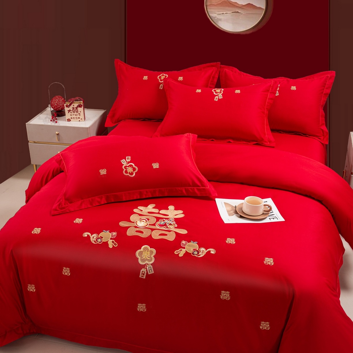 91家纺网 家纺一手货源 找家纺 银石 2025新款长绒棉婚庆绣花四件套 喜事连连