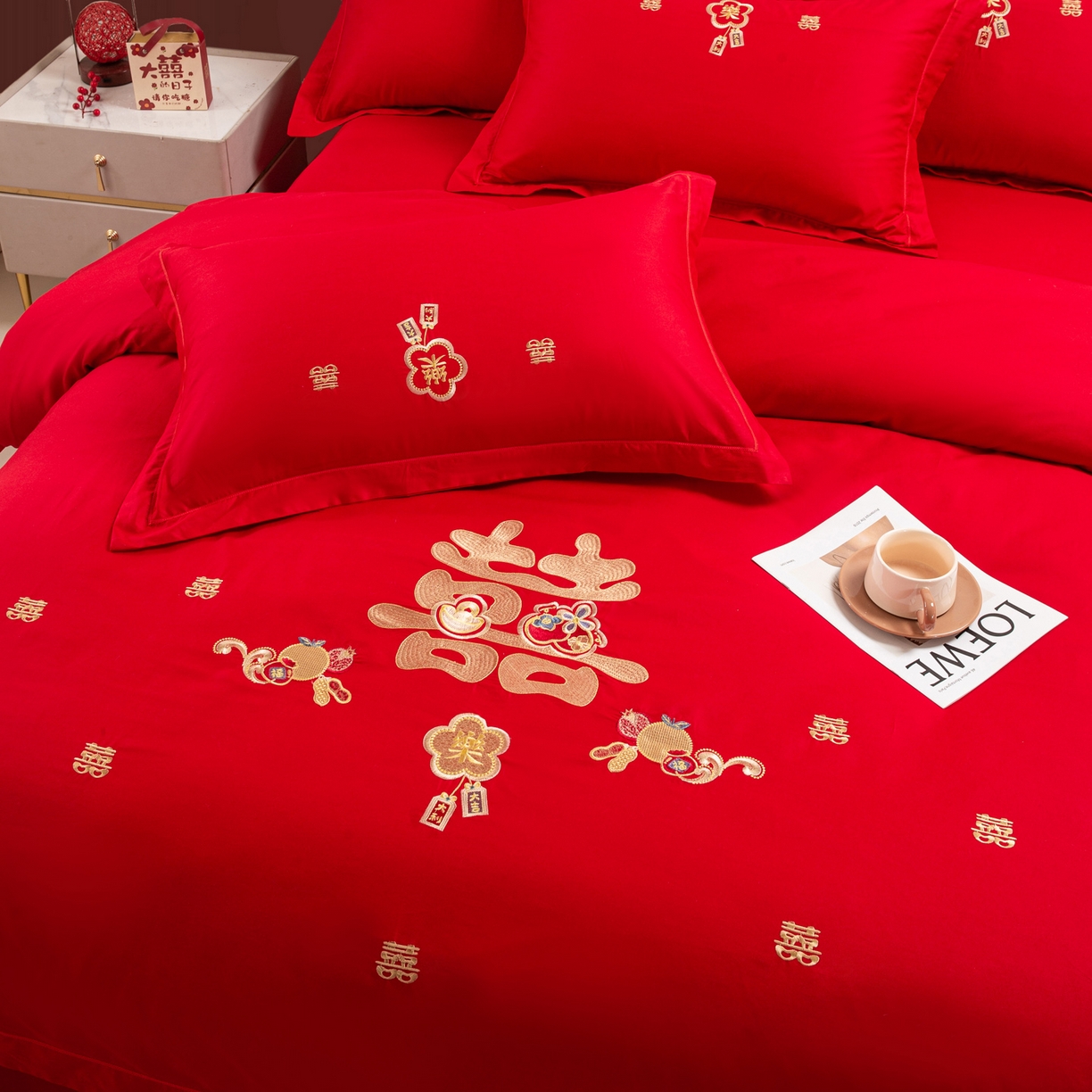 91家纺网 家纺一手货源 找家纺 银石 2025新款长绒棉婚庆绣花四件套 喜事连连