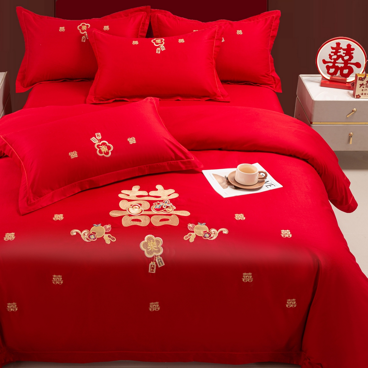 91家纺网 家纺一手货源 找家纺 银石 2025新款长绒棉婚庆绣花四件套 喜事连连