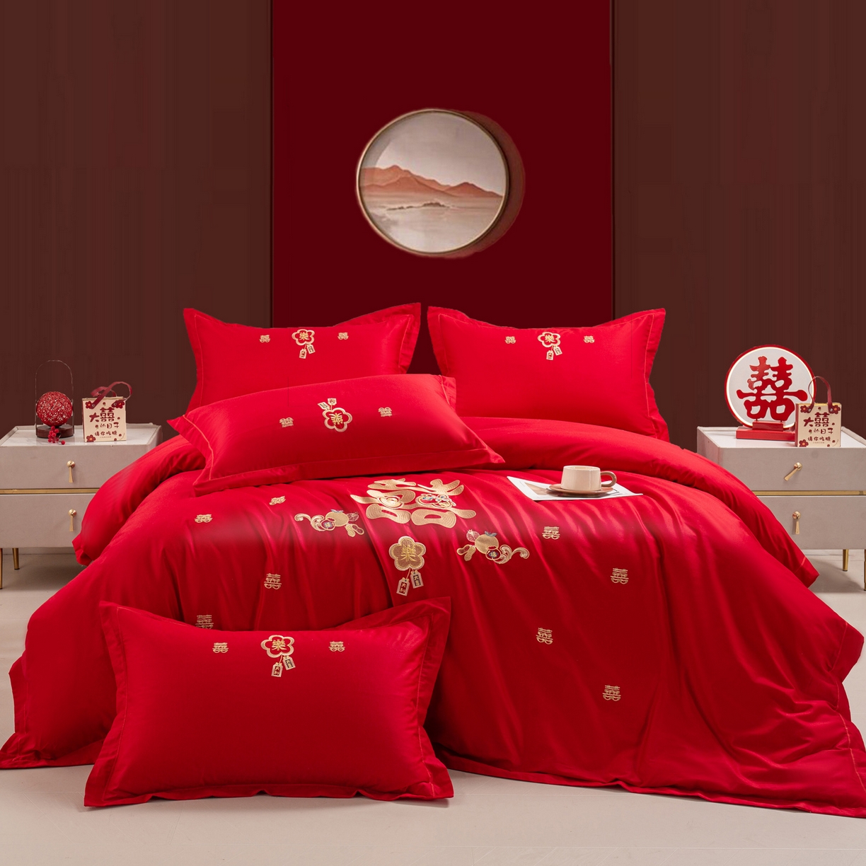 91家纺网 家纺一手货源 找家纺 银石 2025新款长绒棉婚庆绣花四件套 喜事连连