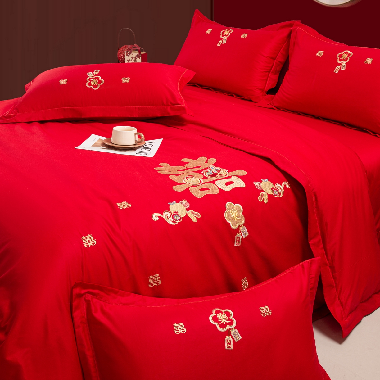 91家纺网 家纺一手货源 找家纺 银石 2025新款长绒棉婚庆绣花四件套 喜事连连