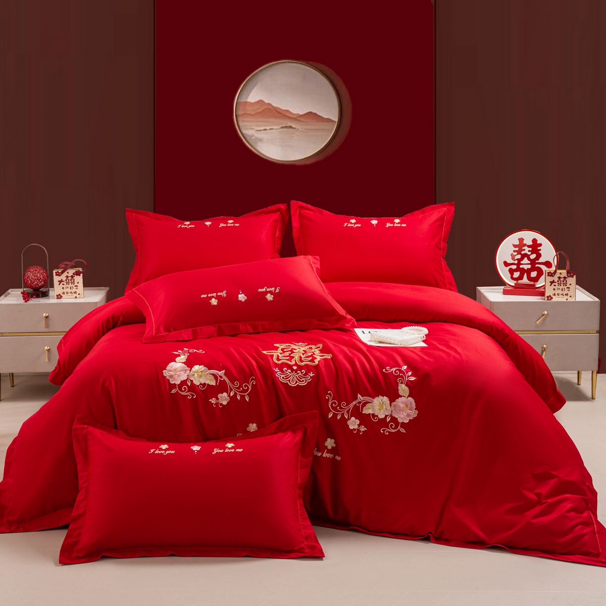 91家纺网 家纺一手货源 找家纺 银石 2026新款婚庆全棉刺绣四件套 喜上眉梢