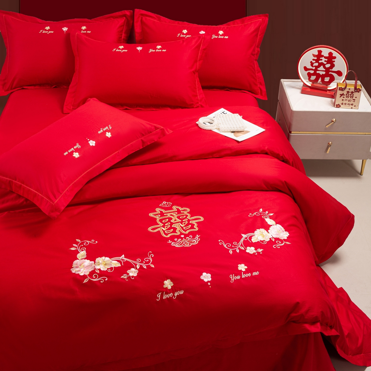 91家纺网 家纺一手货源 找家纺 银石 2026新款婚庆全棉刺绣四件套 喜上眉梢