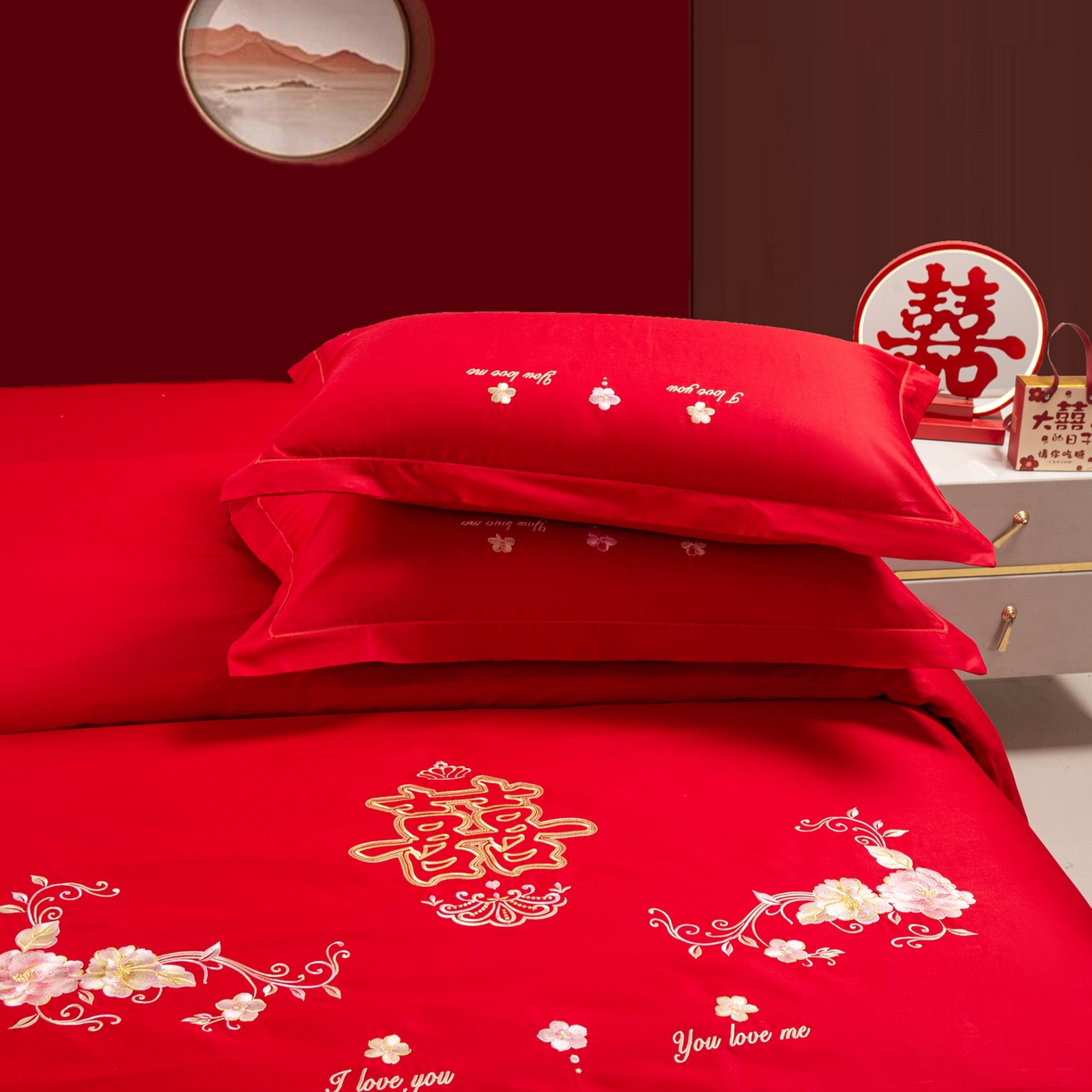 91家纺网 家纺一手货源 找家纺 银石 2026新款婚庆全棉刺绣四件套 喜上眉梢