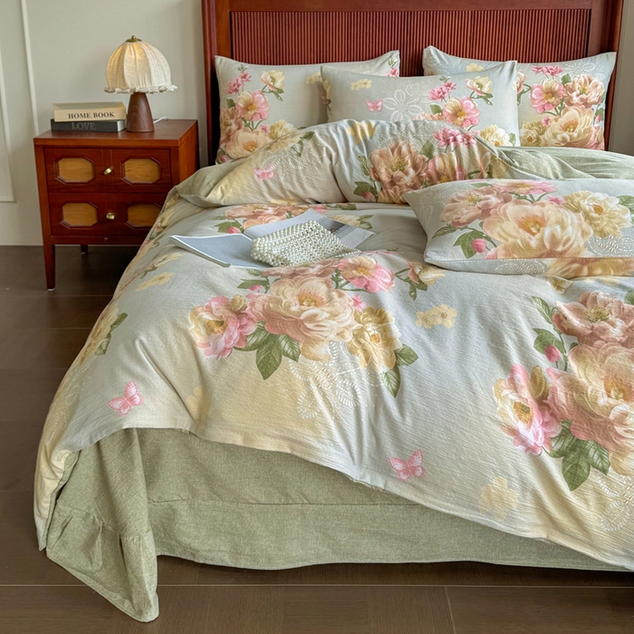 91家纺网 家纺一手货源 找家纺 洁柔家纺工厂店 2026春夏秋冬爆款新品高克重加厚原麻亚麻皱皱纱印花四件套 云烟晚