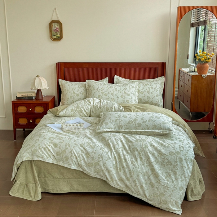 91家纺网 家纺一手货源 找家纺 洁柔家纺工厂店 2026春夏秋冬爆款新品高克重加厚原麻亚麻皱皱纱印花四件套 春秋