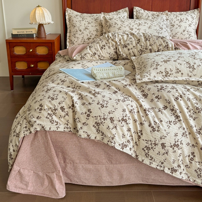 91家纺网 家纺一手货源 找家纺 洁柔家纺工厂店 2026春夏秋冬爆款新品高克重加厚原麻亚麻皱皱纱印花四件套 意晚