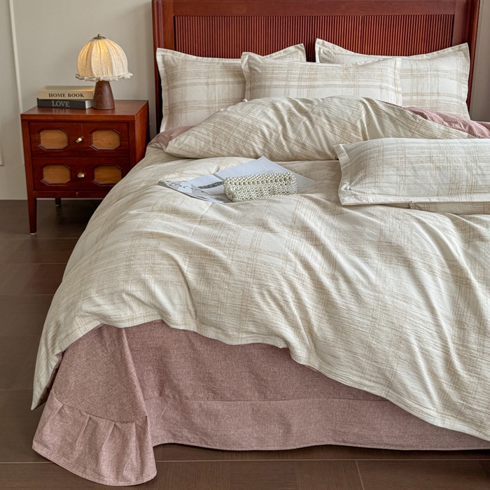 91家纺网 家纺一手货源 找家纺 洁柔家纺工厂店 2026春夏秋冬爆款新品高克重加厚原麻亚麻皱皱纱印花四件套 秘镜