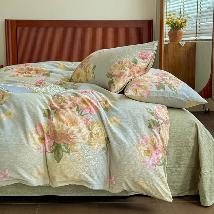 91家纺网 家纺一手货源 找家纺 洁柔家纺工厂店 2026春夏秋冬爆款新品高克重加厚原麻亚麻皱皱纱印花四件套 云烟晚