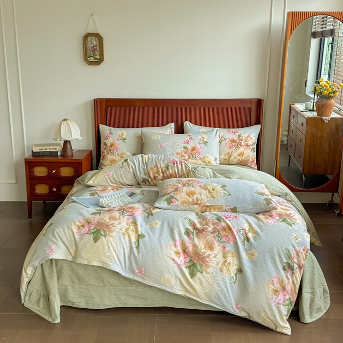 91家纺网 家纺一手货源 找家纺 洁柔家纺工厂店 2026春夏秋冬爆款新品高克重加厚原麻亚麻皱皱纱印花四件套 云烟晚