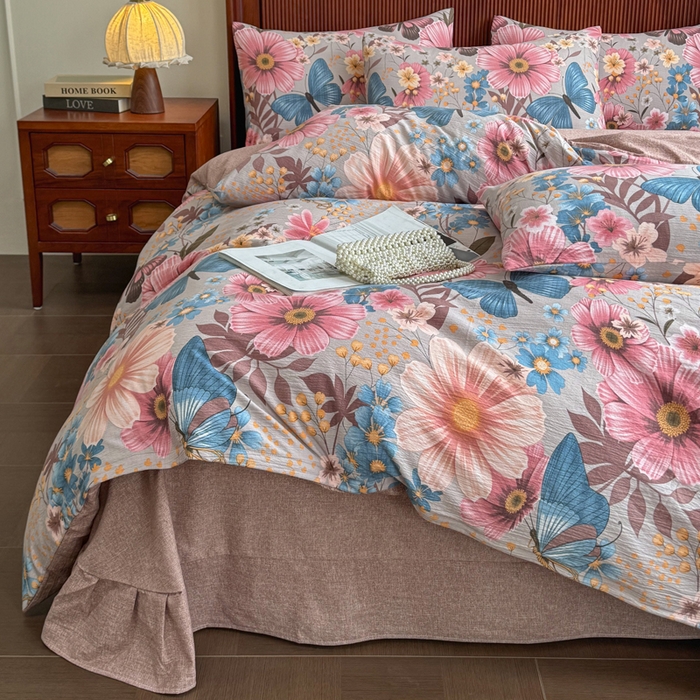 91家纺网 家纺一手货源 找家纺 （总）洁柔家纺工厂店 2026春夏秋冬爆款新品高克重加厚原麻亚麻皱皱纱印花四件套