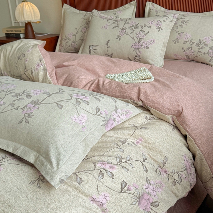 91家纺网 家纺一手货源 找家纺 洁柔家纺工厂店 2026春夏秋冬爆款新品高克重加厚原麻亚麻皱皱纱印花四件套 绽放