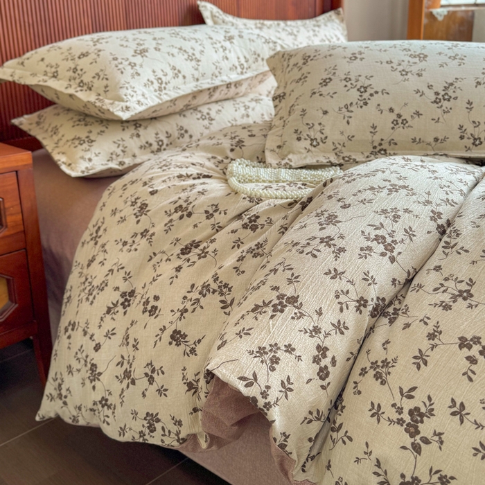 91家纺网 家纺一手货源 找家纺 洁柔家纺工厂店 2026春夏秋冬爆款新品高克重加厚原麻亚麻皱皱纱印花四件套 意晚