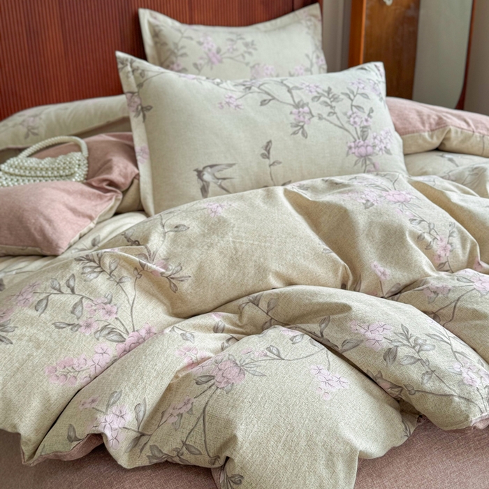 91家纺网 家纺一手货源 找家纺 洁柔家纺工厂店 2026春夏秋冬爆款新品高克重加厚原麻亚麻皱皱纱印花四件套 绽放