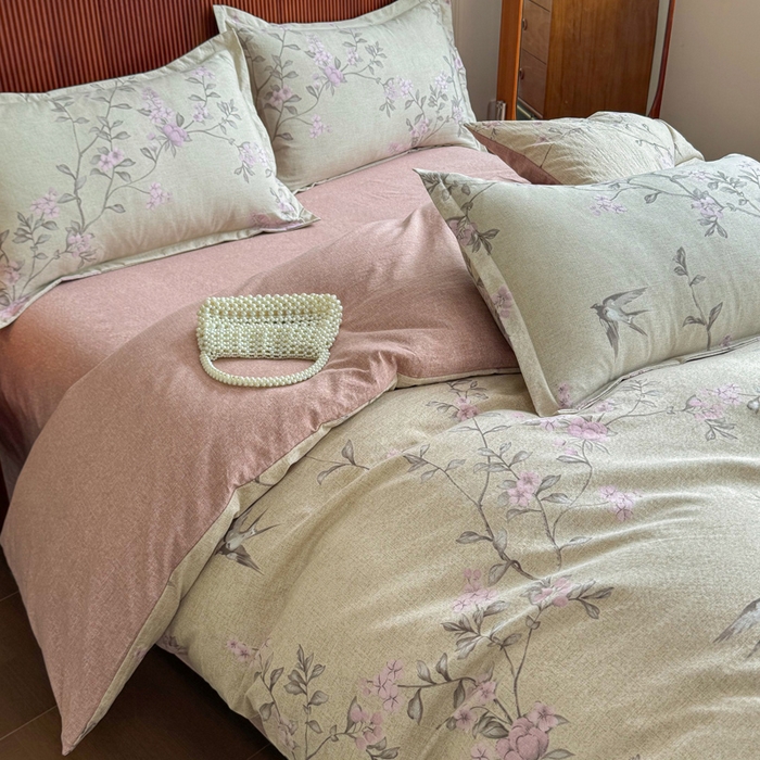 91家纺网 家纺一手货源 找家纺 洁柔家纺工厂店 2026春夏秋冬爆款新品高克重加厚原麻亚麻皱皱纱印花四件套 绽放