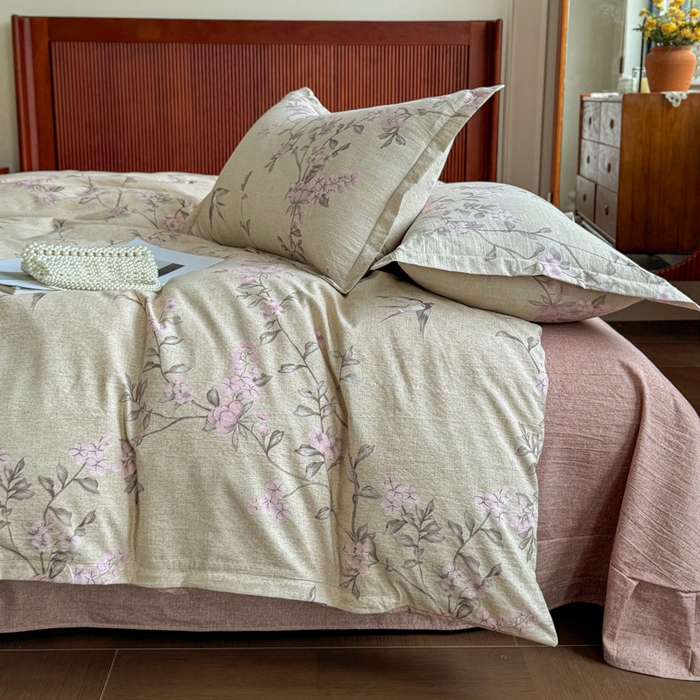 91家纺网 家纺一手货源 找家纺 洁柔家纺工厂店 2026春夏秋冬爆款新品高克重加厚原麻亚麻皱皱纱印花四件套 绽放