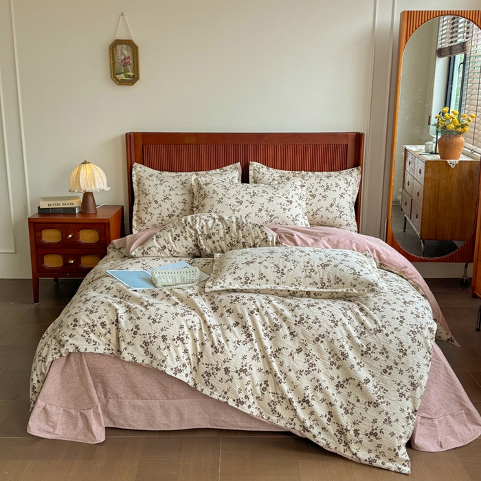 91家纺网 家纺一手货源 找家纺 洁柔家纺工厂店 2026春夏秋冬爆款新品高克重加厚原麻亚麻皱皱纱印花四件套 意晚