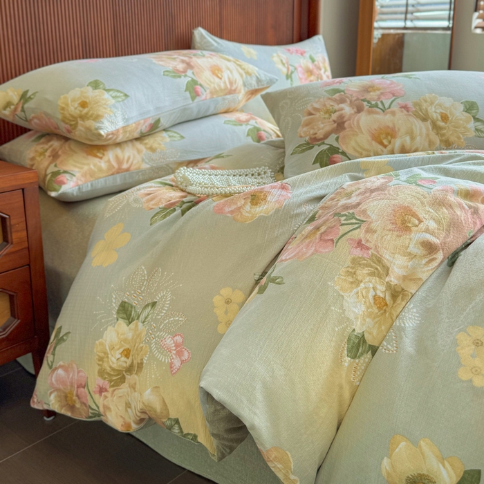 91家纺网 家纺一手货源 找家纺 洁柔家纺工厂店 2026春夏秋冬爆款新品高克重加厚原麻亚麻皱皱纱印花四件套 云烟晚