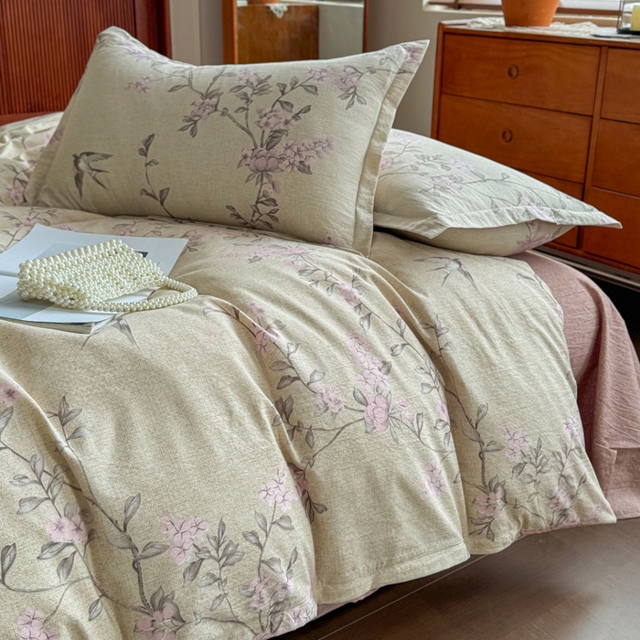 91家纺网 家纺一手货源 找家纺 洁柔家纺工厂店 2026春夏秋冬爆款新品高克重加厚原麻亚麻皱皱纱印花四件套 绽放