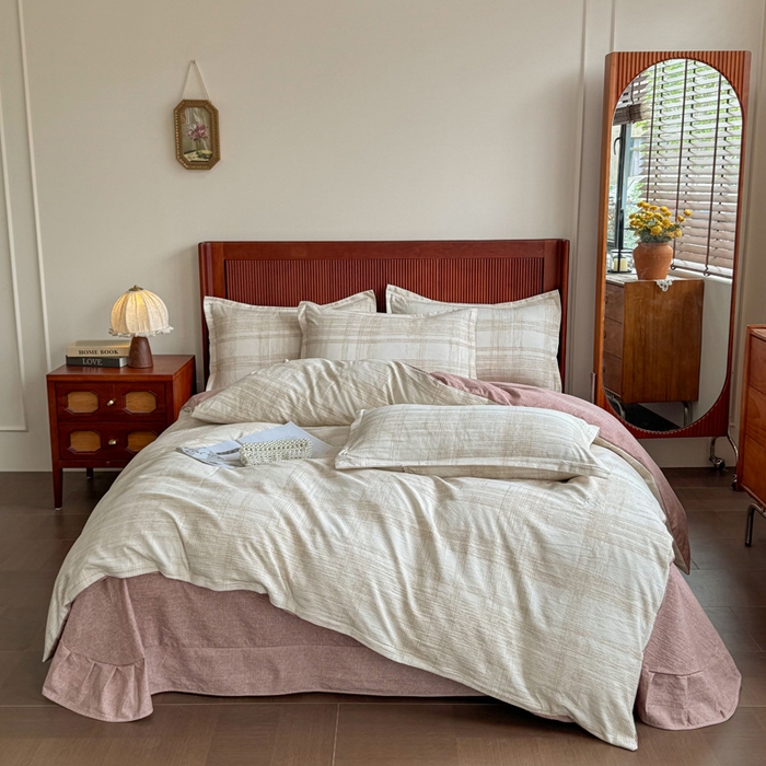 91家纺网 家纺一手货源 找家纺 洁柔家纺工厂店 2026春夏秋冬爆款新品高克重加厚原麻亚麻皱皱纱印花四件套 秘镜