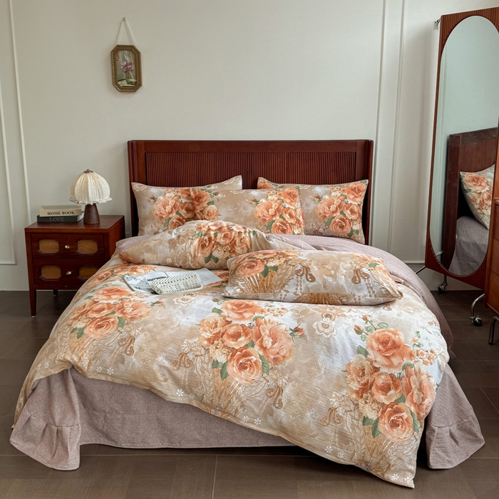 91家纺网 家纺一手货源 找家纺 洁柔家纺工厂店 2026春夏秋冬爆款新品高克重加厚原麻亚麻皱皱纱印花四件套 念花溪