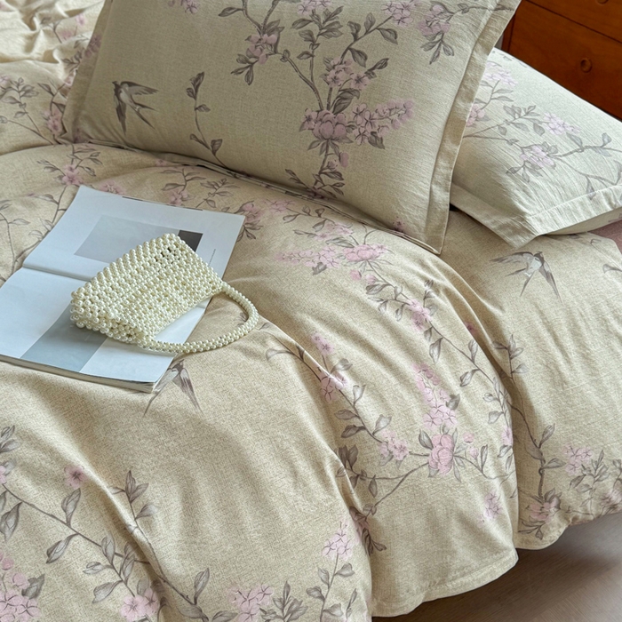 91家纺网 家纺一手货源 找家纺 洁柔家纺工厂店 2026春夏秋冬爆款新品高克重加厚原麻亚麻皱皱纱印花四件套 绽放