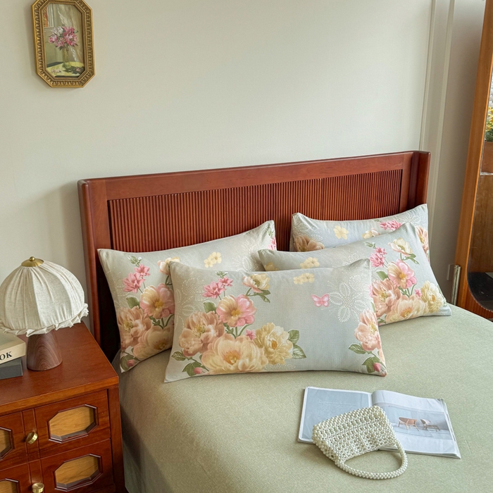 91家纺网 家纺一手货源 找家纺 洁柔家纺工厂店 2026春夏秋冬爆款新品高克重加厚原麻亚麻皱皱纱印花四件套 云烟晚