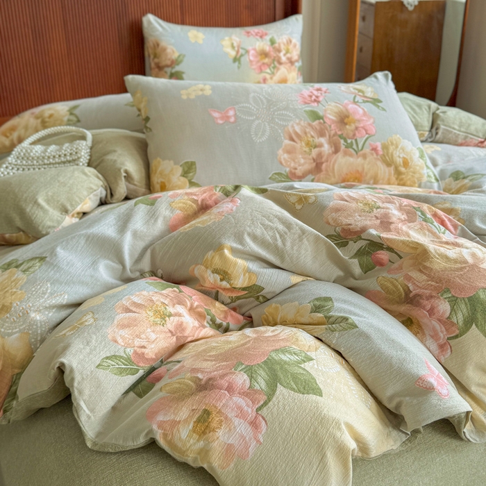 91家纺网 家纺一手货源 找家纺 洁柔家纺工厂店 2026春夏秋冬爆款新品高克重加厚原麻亚麻皱皱纱印花四件套 云烟晚