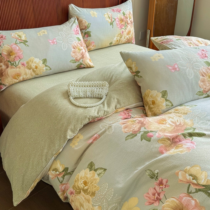 91家纺网 家纺一手货源 找家纺 洁柔家纺工厂店 2026春夏秋冬爆款新品高克重加厚原麻亚麻皱皱纱印花四件套 云烟晚