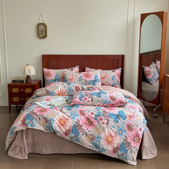 91家纺网 家纺一手货源 找家纺 洁柔家纺工厂店 2026春夏秋冬爆款新品高克重加厚原麻亚麻皱皱纱印花四件套 蝶恋花语