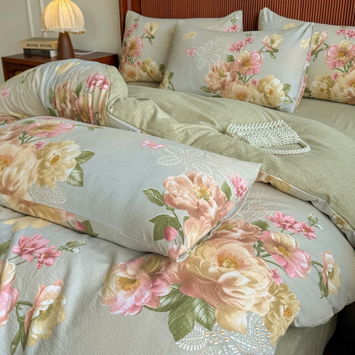 91家纺网 家纺一手货源 找家纺 洁柔家纺工厂店 2026春夏秋冬爆款新品高克重加厚原麻亚麻皱皱纱印花四件套 云烟晚