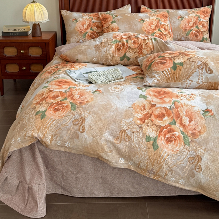 洁柔家纺工厂店 2026春夏秋冬爆款新品高克重加厚原麻亚麻皱皱纱印花四件套 念花溪