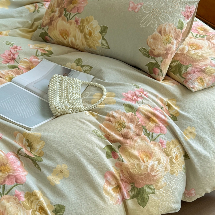 91家纺网 家纺一手货源 找家纺 洁柔家纺工厂店 2026春夏秋冬爆款新品高克重加厚原麻亚麻皱皱纱印花四件套 云烟晚