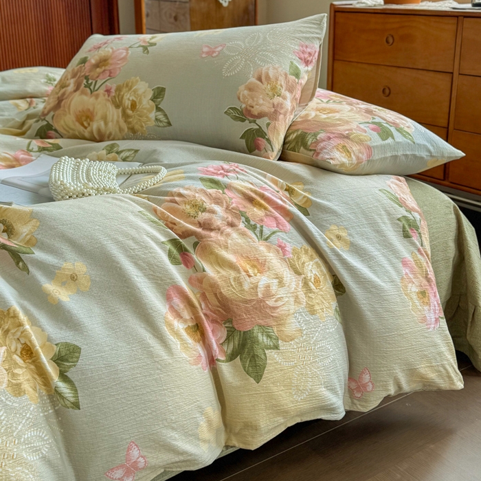 91家纺网 家纺一手货源 找家纺 洁柔家纺工厂店 2026春夏秋冬爆款新品高克重加厚原麻亚麻皱皱纱印花四件套 云烟晚