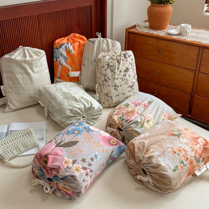 91家纺网 家纺一手货源 找家纺 洁柔家纺工厂店 2026春夏秋冬爆款新品高克重加厚原麻亚麻皱皱纱印花四件套 组合图仅供展示不可下单