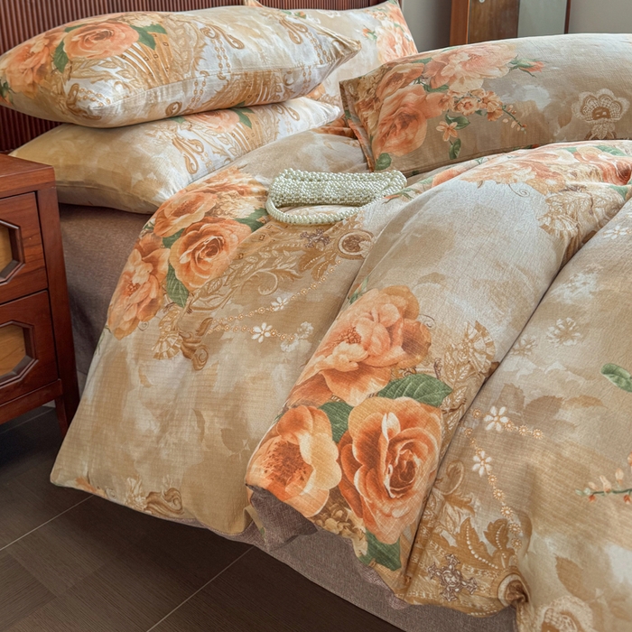 91家纺网 家纺一手货源 找家纺 洁柔家纺工厂店 2026春夏秋冬爆款新品高克重加厚原麻亚麻皱皱纱印花四件套 念花溪