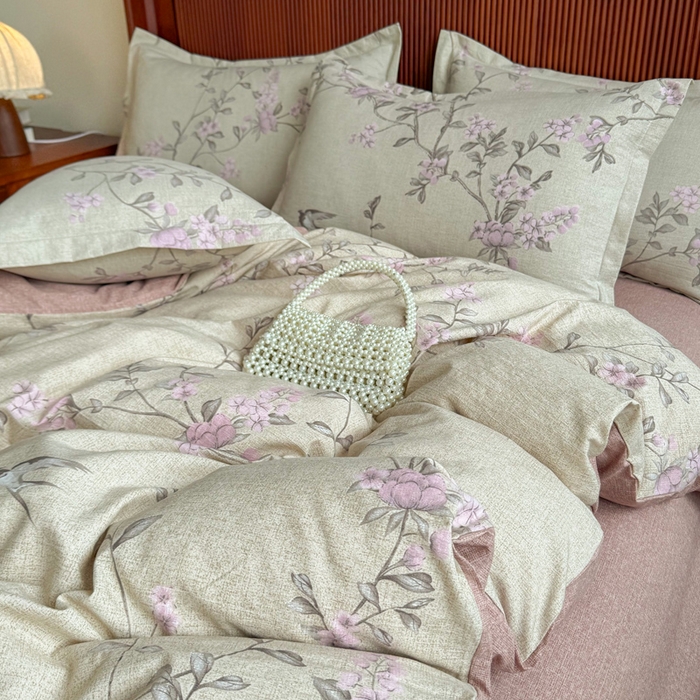 91家纺网 家纺一手货源 找家纺 洁柔家纺工厂店 2026春夏秋冬爆款新品高克重加厚原麻亚麻皱皱纱印花四件套 绽放