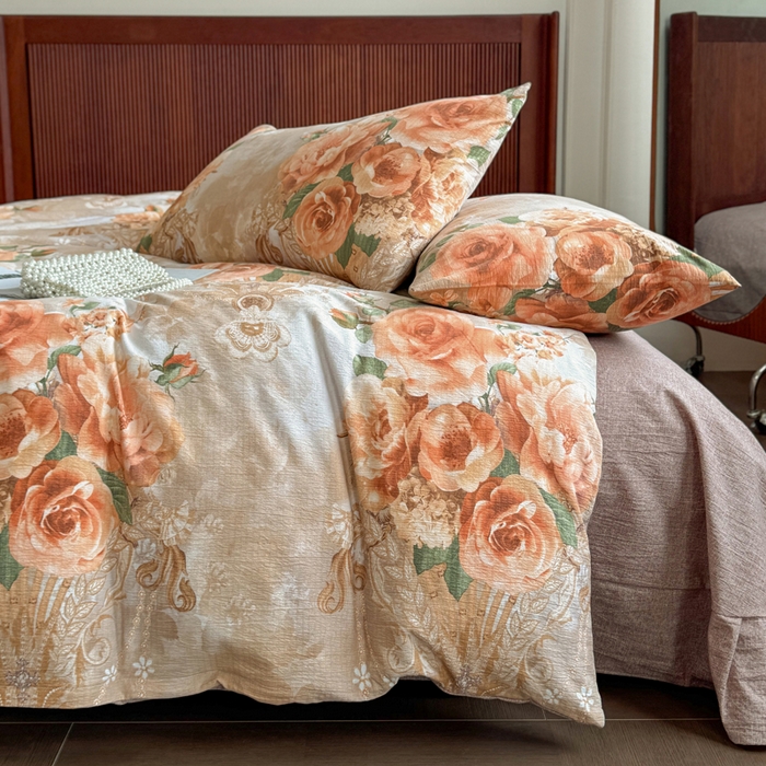 91家纺网 家纺一手货源 找家纺 洁柔家纺工厂店 2026春夏秋冬爆款新品高克重加厚原麻亚麻皱皱纱印花四件套 念花溪